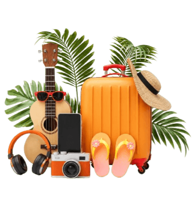 Orange suitcase with a camera, guitar, and travel gear