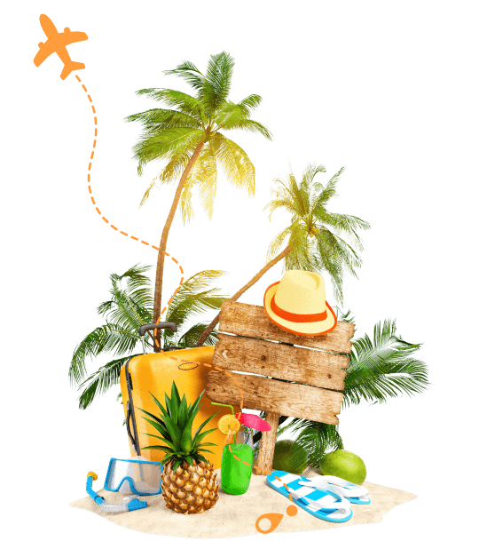 Tropical vacation display with palm trees, a wooden sign, and a suitcase